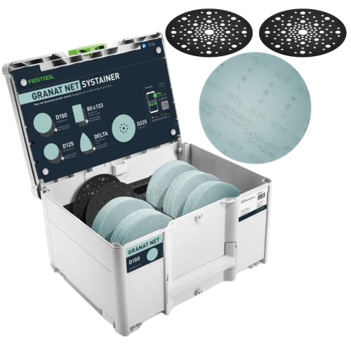 Systainer³ i włóknina siatka ścierna GRANAT NET średnica D150  GRADACJA P60, P80, P150, P180, P240 i 2 x Ochronna gąbka FESTOOL 578718