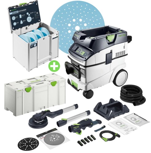 PLANEX LED LHS 2 225 SZLIFIERKA PRZEGUBOWA EQI/CTL 36-Set 578424 i ODKURZACZ CTL 36 EI AC-PLANEX i SYSTAINER³ Z KRĄŻKAMI ŚCIERNYMI Granat D225 FESTOOL