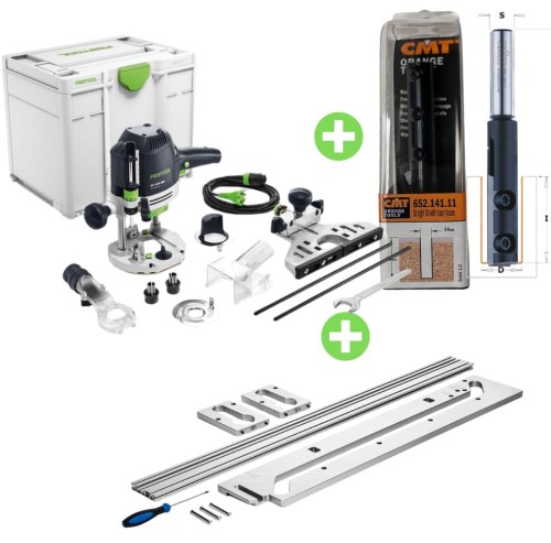 Frezarka OF 1400 EBQ-Plus 576207 + Szablon do łączenia blatów kuchennych APS 900/3 Nowszy model  nr 578727 + Frez CMT 652.141.11