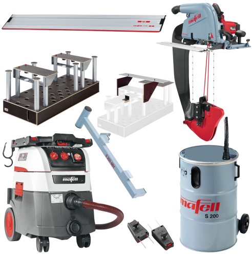 Mafell Pilarka Strunowa DSS 300 CC do cięcia płyt izolacyjnych 919601, Odkurzacz 91C401, Pojemnik na wióry 206869, Stół Vario 91A601, Szyna F 110 nr 204381, 207277, 207164, 206760