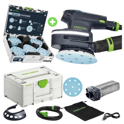 Szlifierka ETS 125 REQ-Plus LED Mimośrodowa FESTOOL 578843 Systainer³ na materiały ścierne D125 GR SYS Granat 578193